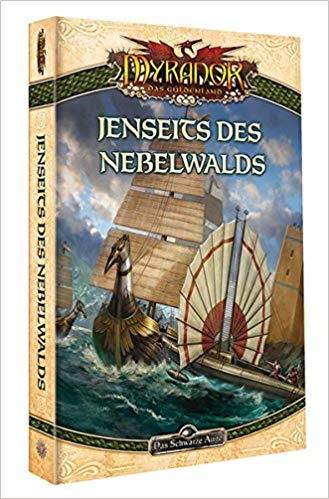 Das Cover von "Jenseits des Nebelwalds". Es zeigt ein Schiff mit Segeln und seitlichen Auslegern, das antik-fantastisch anmutet.