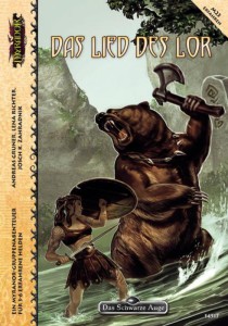 Das Cover von "Das Lied des Lor". Es zeigt einen Bärenmenschen und eine menschliche Kriegerin mit Schild und Schwert, die in einem Fluss miteinander kämpfen. 