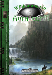 Das Cover von "Willkommen in Aventurien", es zeigt eine Landschaft mit See und Klippe, davor eine Person auf einem Pferd.